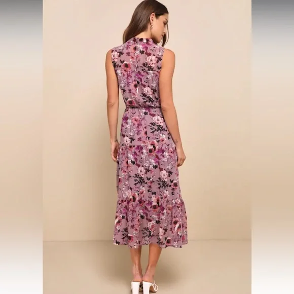 Lulus In My Dreams Mauve Floral Print Midi Dress High Neck A Line Size XS - Picture 5 of 6
